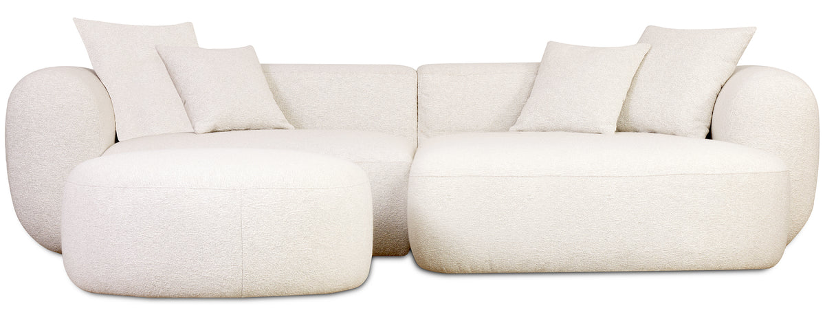 Modulare Eckcouch Baomi L-förmig mit Hocker, rechtsseitig, cremefarbenes Chenille