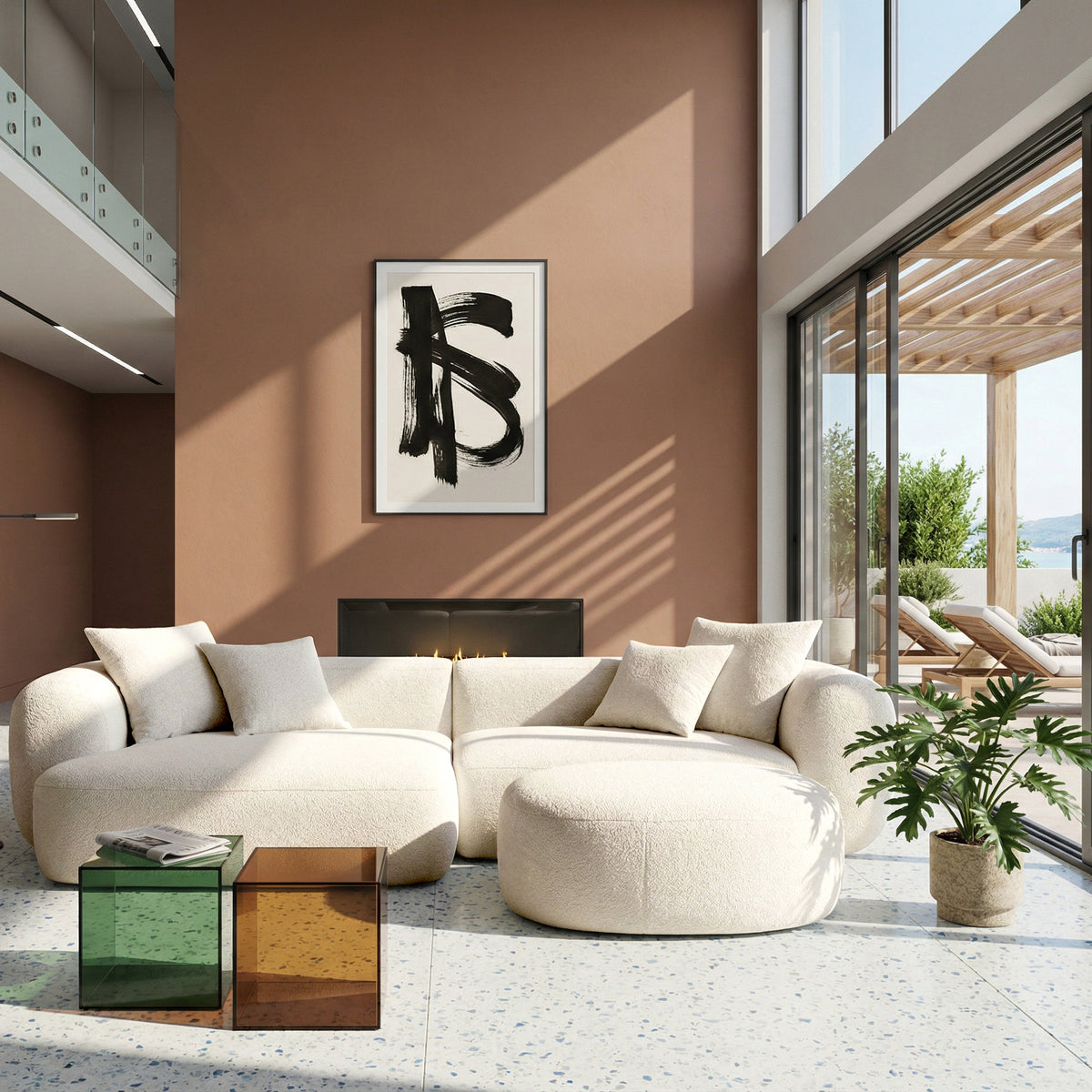 Modulares Ecksofa Baomi, L-förmig, mit Hocker, linksseitig, cremefarbenes Chenille