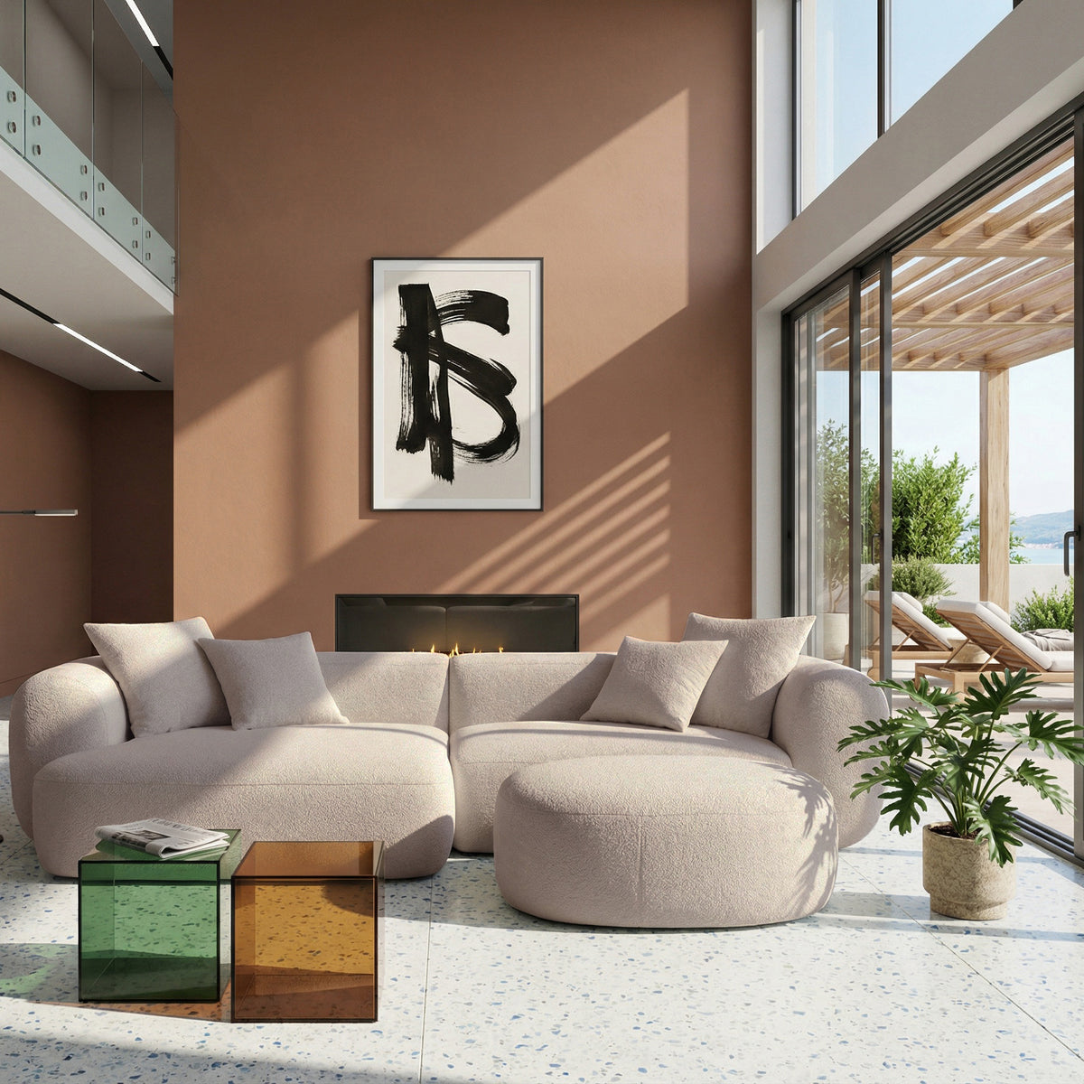 Modulares Ecksofa Baomi L-förmig mit Hocker, linksseitig, hellbeige Chenille