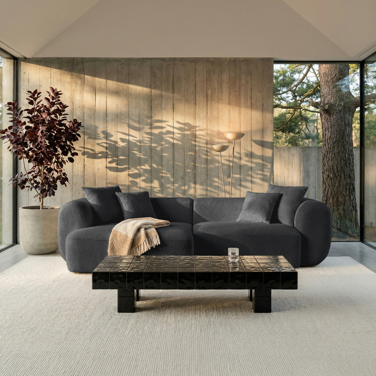 Modulares Ecksofa Baomi L-förmig mit linksseitigem Hocker, dunkelgrauer Chenille-Stoff