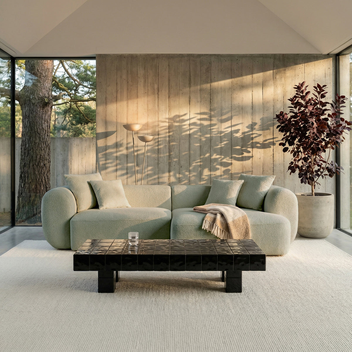 Modulares Ecksofa Baomi, L-förmig, mit Pouf, rechtsseitig, Salbeigrün, Chenille