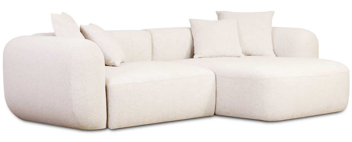 Modulare Eckcouch Baomi L-förmig mit Hocker, rechtsseitig, cremefarbenes Chenille