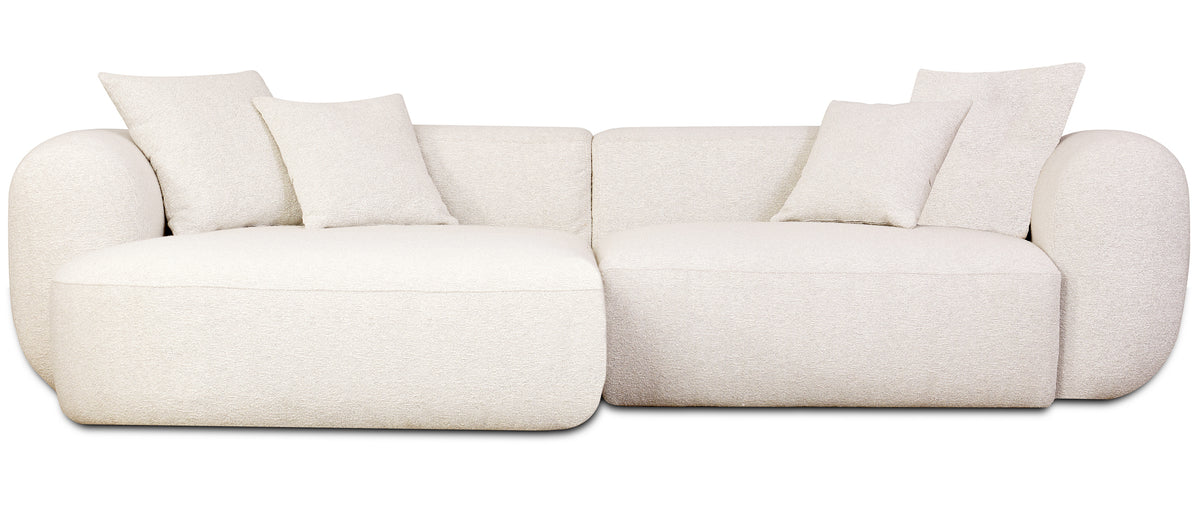 Modulares Ecksofa Baomi, L-förmig, mit Hocker, linksseitig, cremefarbenes Chenille