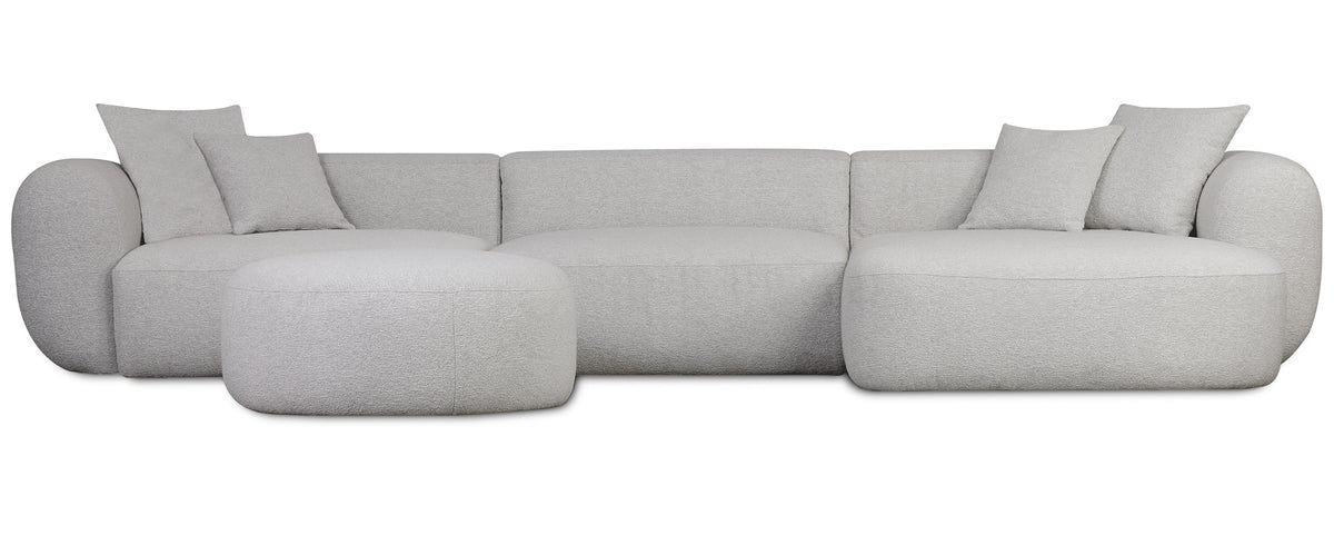 Grand canapé d'angle modulable Baomi en L avec pouf, côté droit, en chenille gris clair