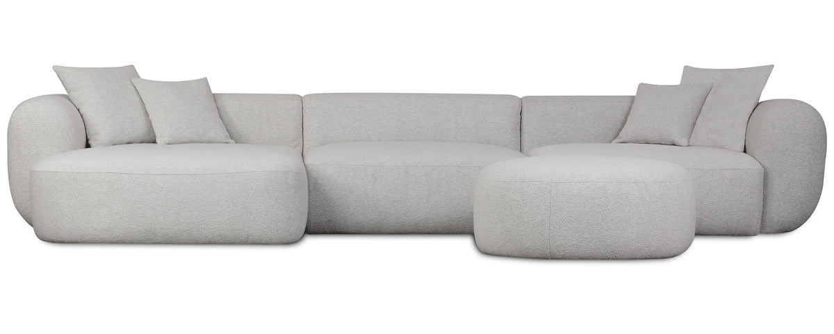 Canapé d'angle modulable Baomi grand en L avec pouf, côté gauche, tissu chenille gris clair