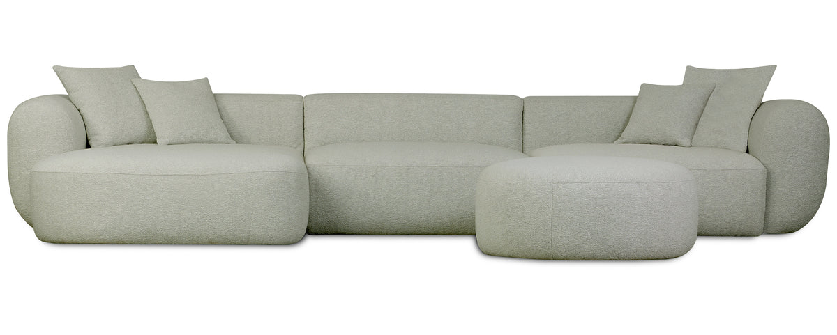 Modulare Eckcouch Baomi, großes L-förmiges Sofa mit Hocker, linksseitig, salbeigrüner Chenille-Stoff
