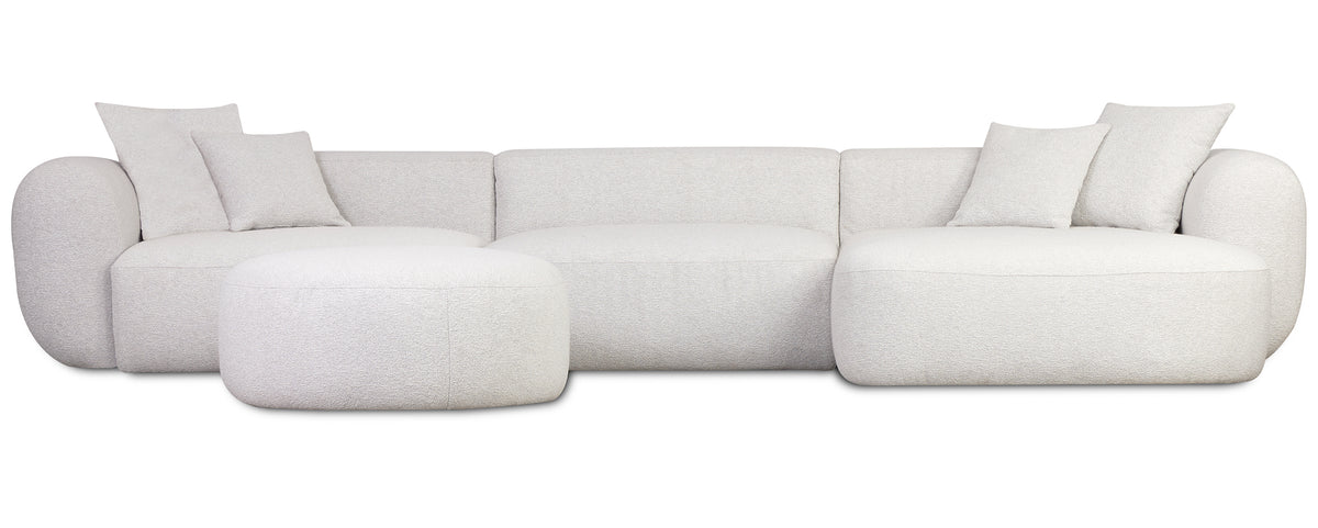 Canapé d’angle modulable Baomi grand en L avec pouf, côté droit, tissu chenille gris-beige