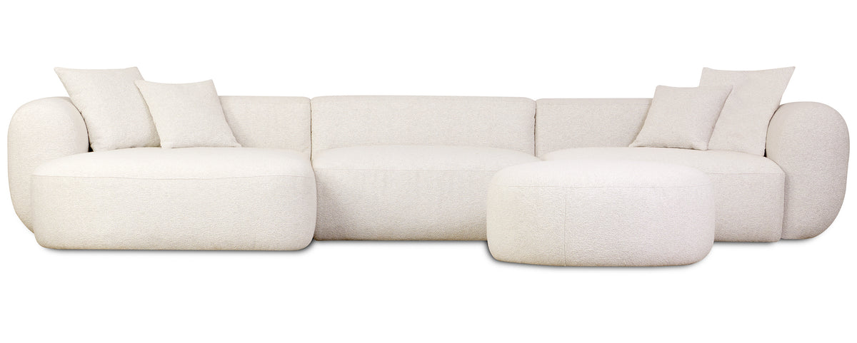 Modulares Ecksofa Baomi, großes L-förmiges linksseitiges Modell mit Hocker, cremefarbener Chenille-Bezug