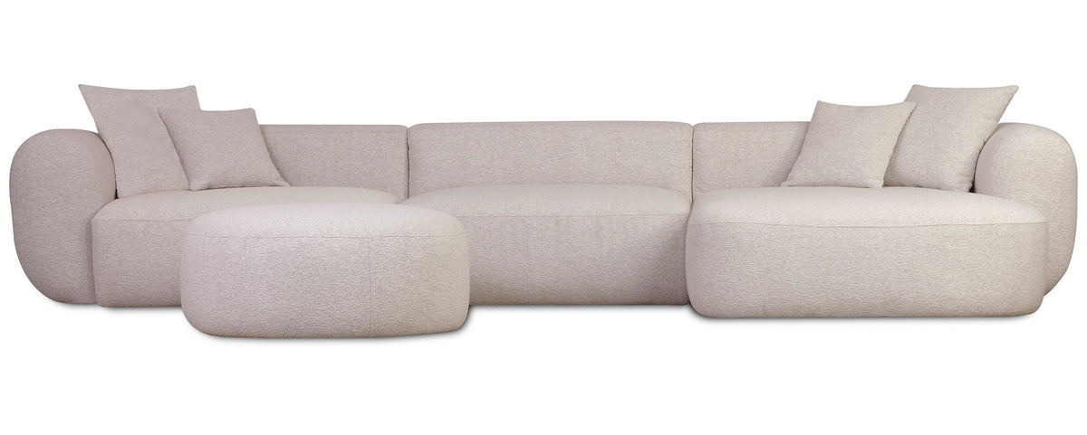 Modulares Ecksofa Baomi, großes L-förmiges Sofa mit Pouf, rechtsseitig, hellbeige Chenille