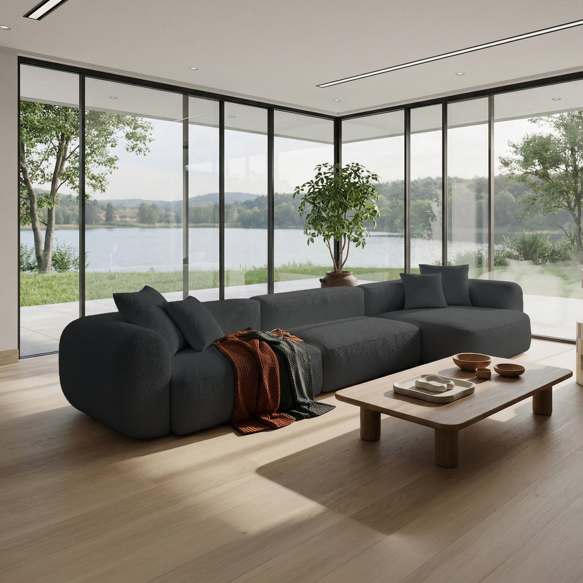 Modulares Ecksofa Baomi, groß, L-förmig, rechtsseitig, dunkelgrauer Chenille-Bezug