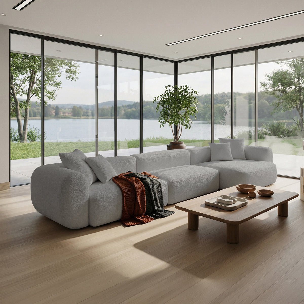 Modulares Ecksofa Baomi, groß, L-förmig, rechtsseitig, hellgrauer Chenille-Stoff