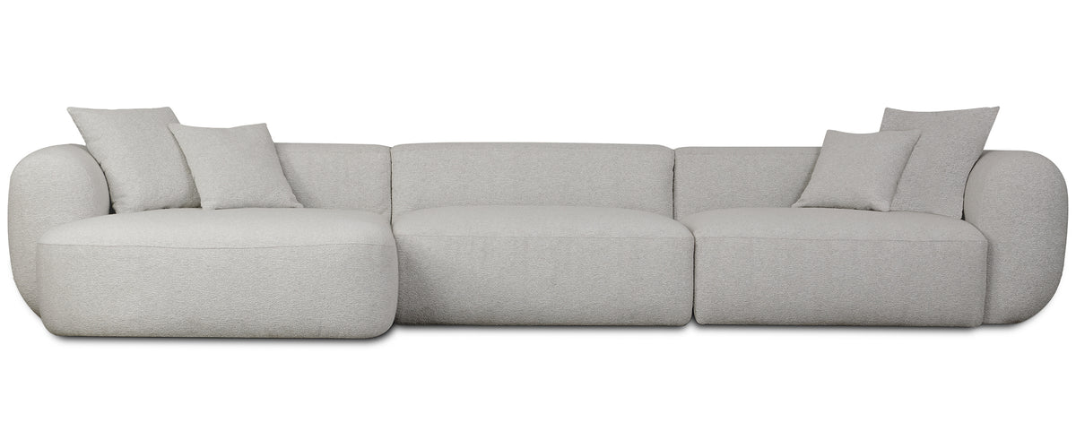 Großes L-förmiges modulare Ecksofa Baomi mit Hocker, linksseitig, hellgrauer Chenillestoff