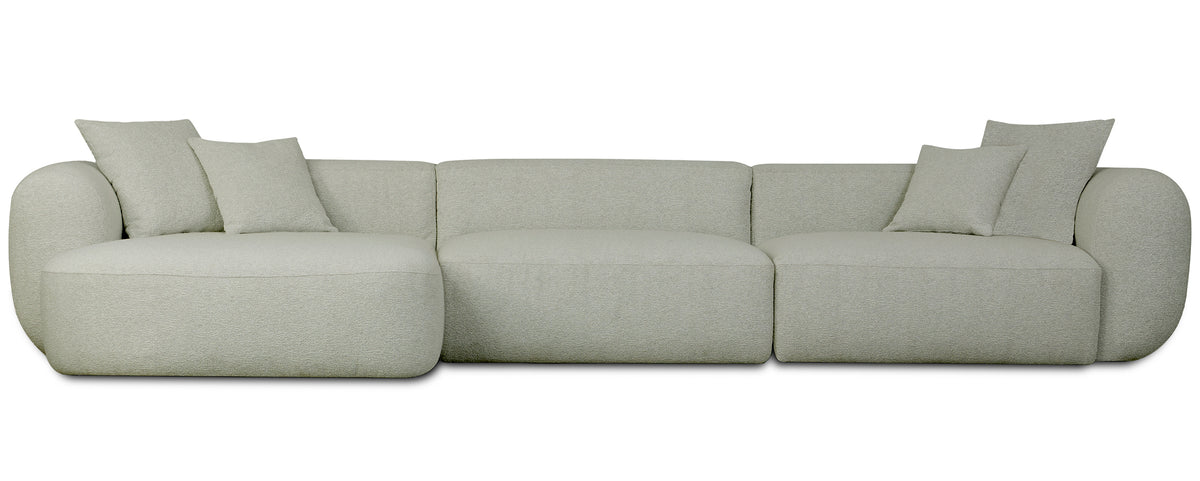 Modulare Eckcouch Baomi, großes L-förmiges Sofa mit Hocker, linksseitig, salbeigrüner Chenille-Stoff