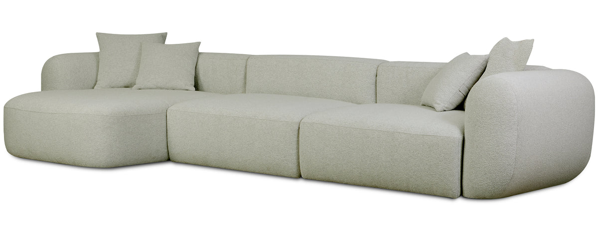 Modulare Eckcouch Baomi, großes L-förmiges Sofa mit Hocker, linksseitig, salbeigrüner Chenille-Stoff