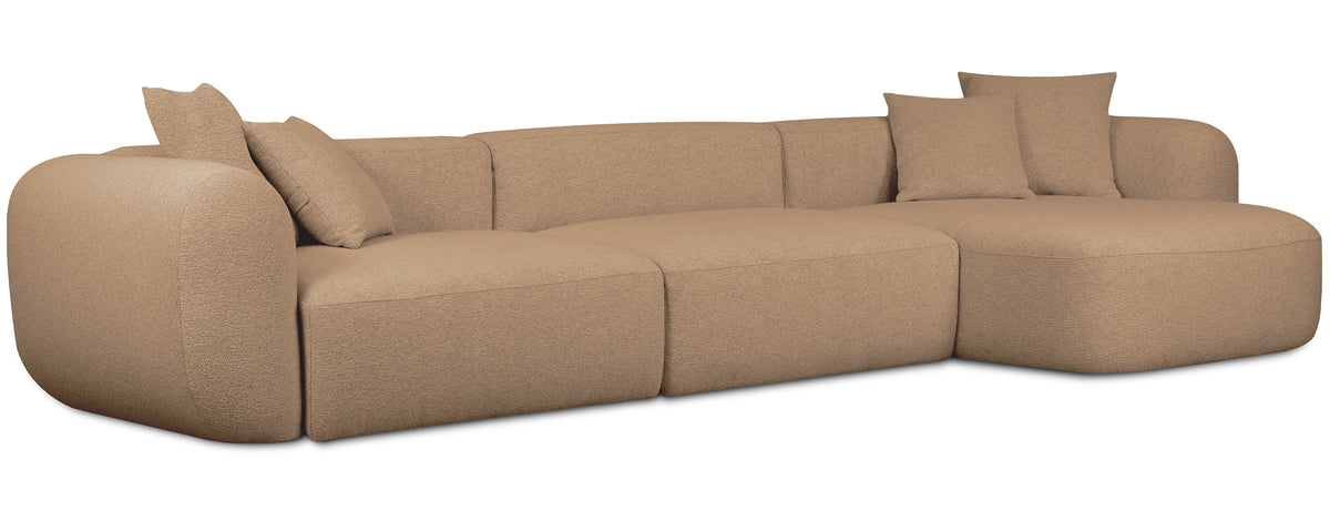 Großes L-förmiges modulares Ecksofa Baomi mit Pouf, rechtsseitig, senfgelber Chenille-Stoff