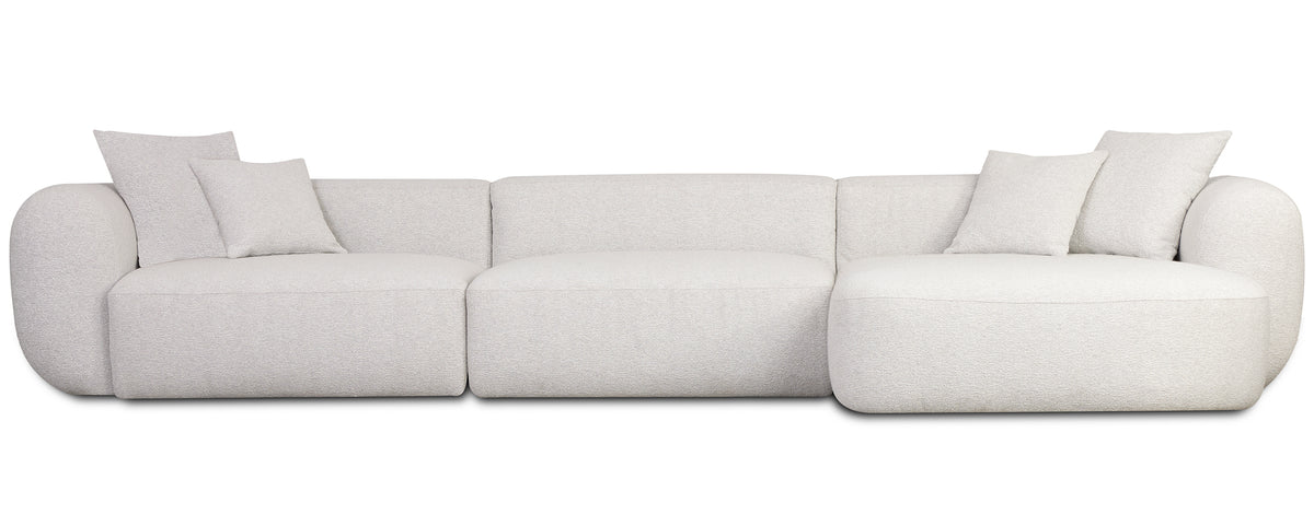 Modulares Ecksofa Baomi, großes L-förmiges, mit Pouf, rechtsseitig, grau-beige Chenille