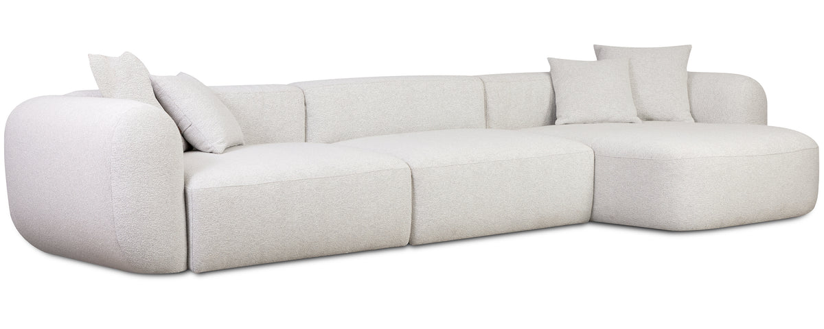 Modulares Ecksofa Baomi, großes L-förmiges, mit Pouf, rechtsseitig, grau-beige Chenille