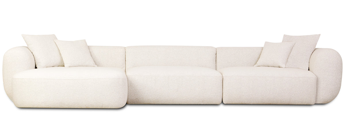 Modulares Ecksofa Baomi, großes L-förmiges linksseitiges Modell mit Hocker, cremefarbener Chenille-Bezug