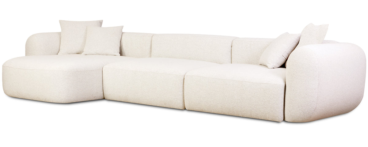 Modulares Ecksofa Baomi, großes L-förmiges linksseitiges Modell mit Hocker, cremefarbener Chenille-Bezug