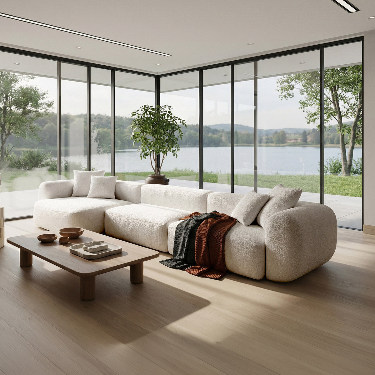 Modulares Ecksofa Baomi, großes L-förmiges linksseitiges Modell mit Hocker, cremefarbener Chenille-Bezug