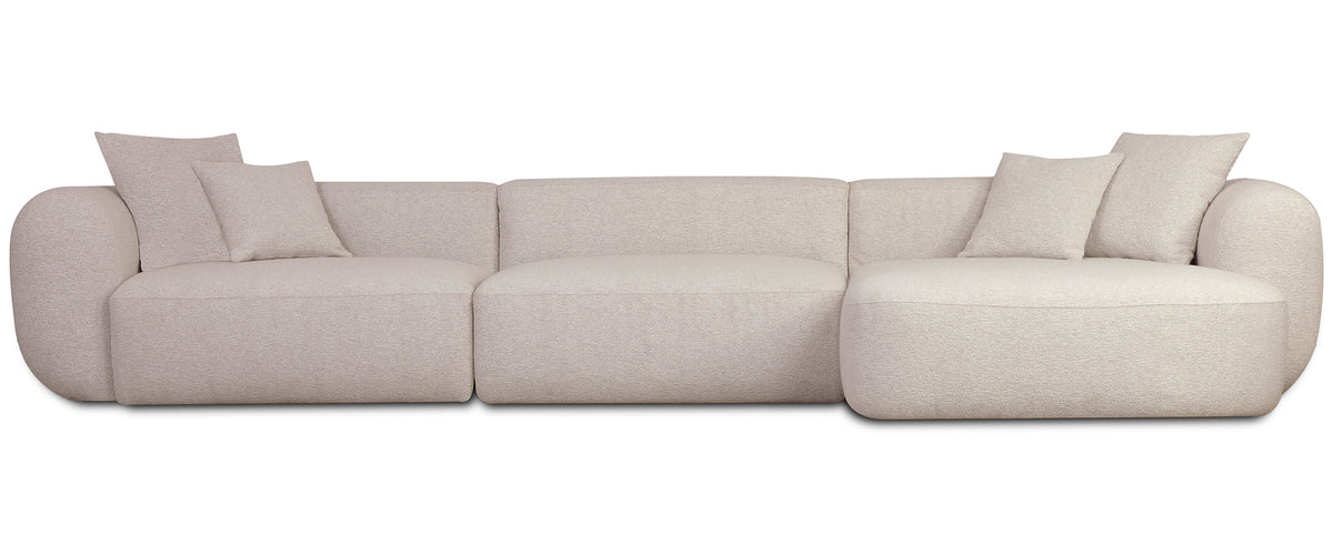 Modulares Ecksofa Baomi, großes L-förmiges Sofa mit Pouf, rechtsseitig, hellbeige Chenille