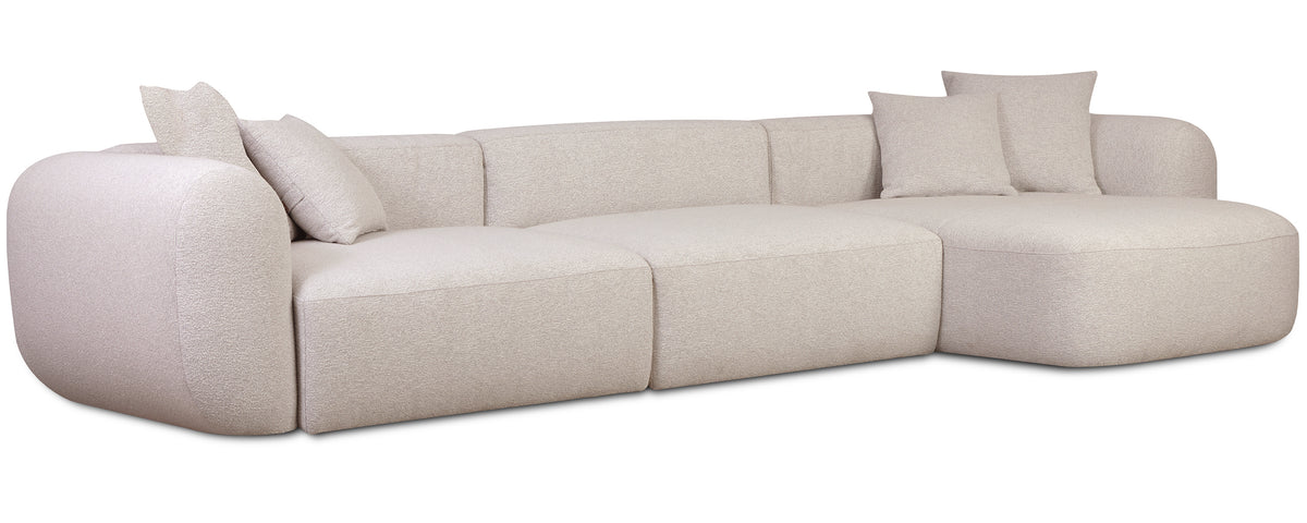 Modulares Ecksofa Baomi, großes L-förmiges Sofa mit Pouf, rechtsseitig, hellbeige Chenille