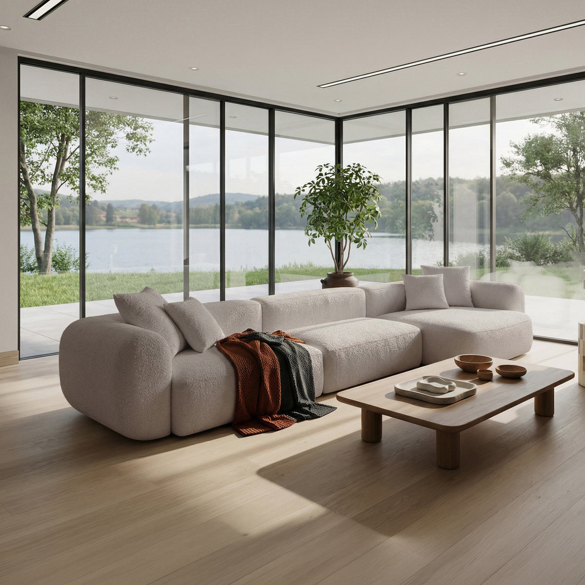 Modulares Ecksofa Baomi, großes L-förmiges Sofa mit Pouf, rechtsseitig, hellbeige Chenille