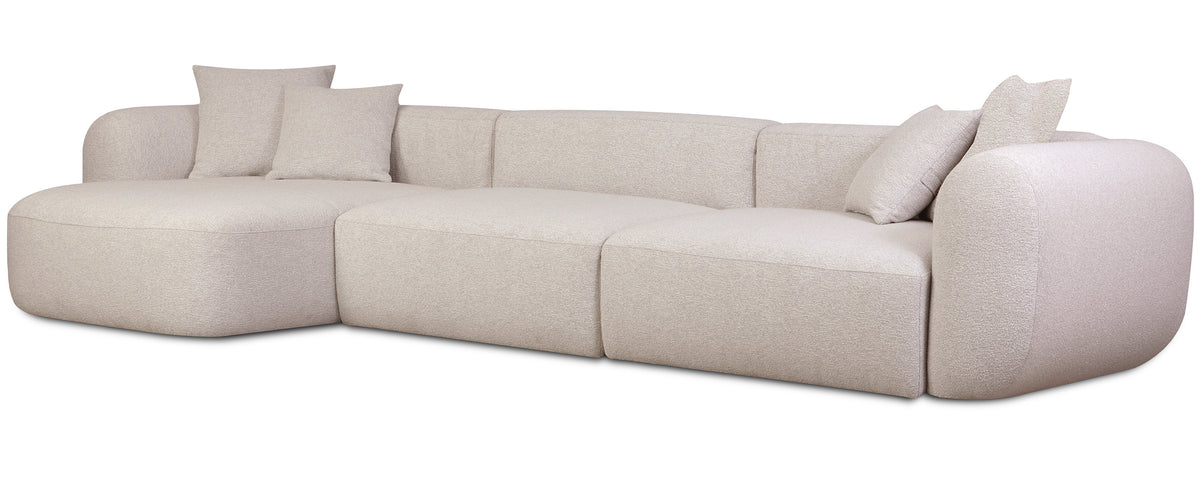 Modulares Ecksofa Baomi, großes L-förmiges Sofa mit Hocker, linksseitig, hellbeige Chenille