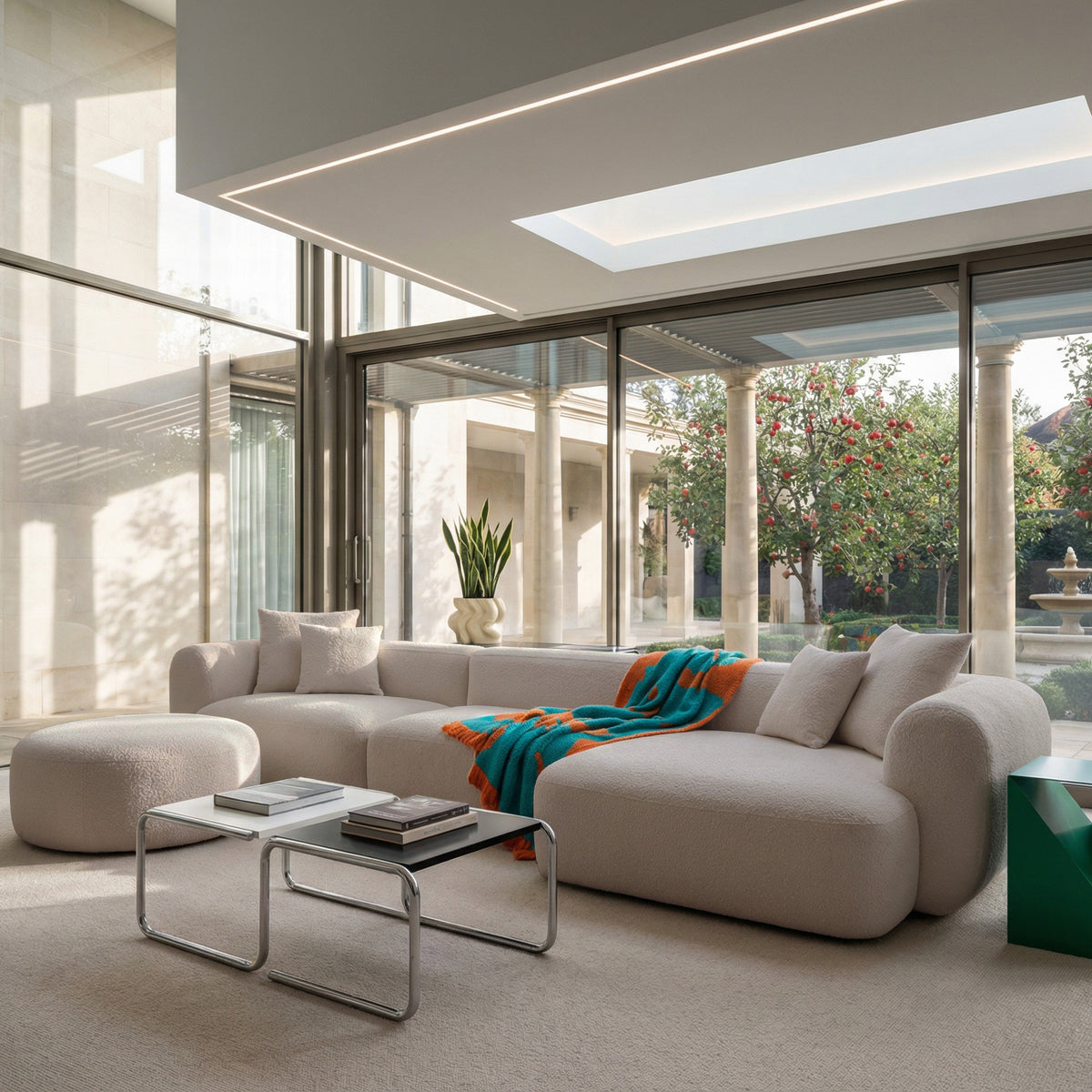 Modulares Ecksofa Baomi, großes L-förmiges Sofa mit Pouf, rechtsseitig, hellbeige Chenille