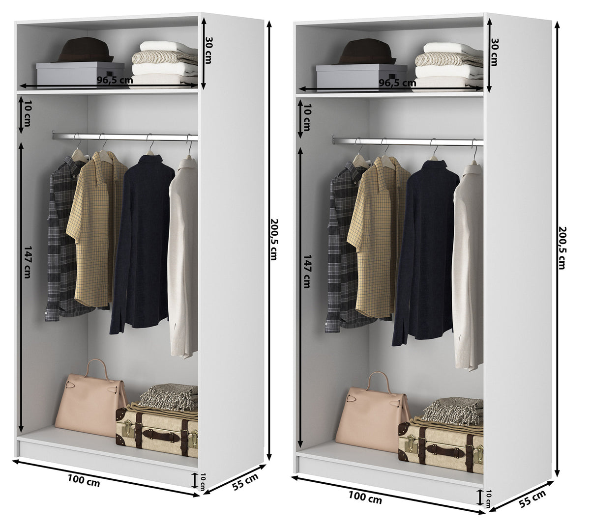 Vier­türiger Schrank Frame mit zwei Kleiderstangen, 200 cm, Schwarz