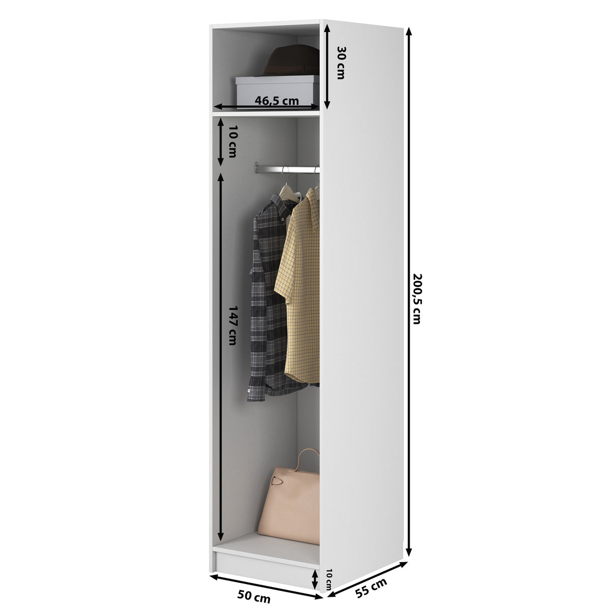 Einzeltüriger Frame-Schrank mit 50 cm Kleiderstange, Weiß
