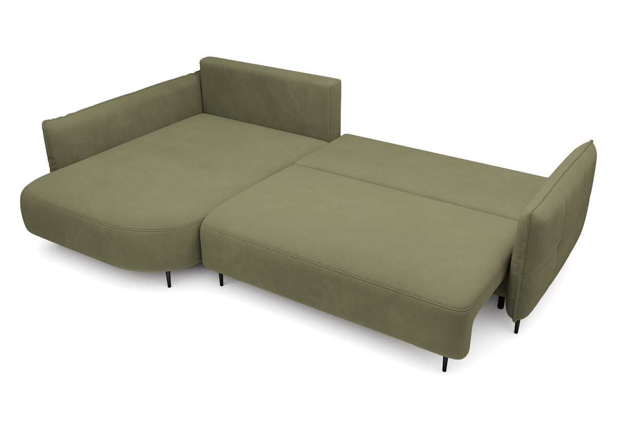 Canapé d'angle Oblivio avec fonction couchage, forme en L, coffre de rangement, velours olive, côté gauche, hydrofuge
