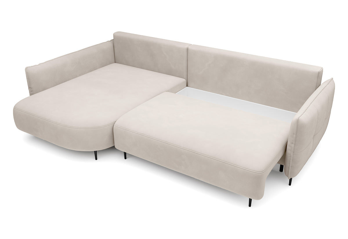 Canapé d'angle Oblivio avec fonction couchage en L, coffre de rangement, velours crème hydrofuge, version gauche