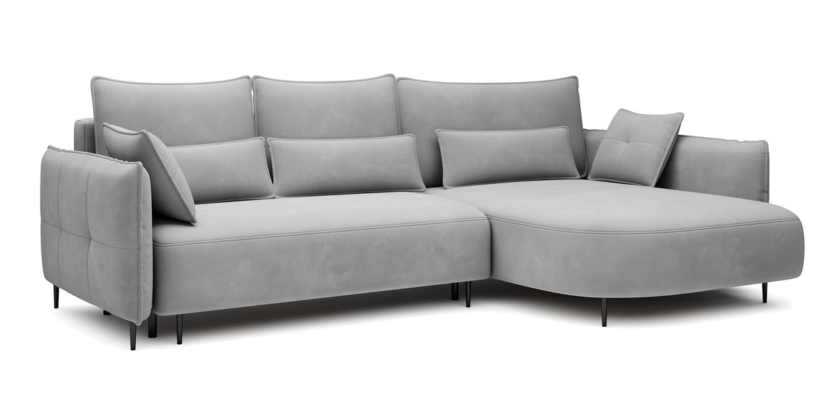 Ecksofa Oblivio mit Schlaffunktion, L-förmig, mit Stauraum, grauer Samt, rechtsseitig, wasserabweisend