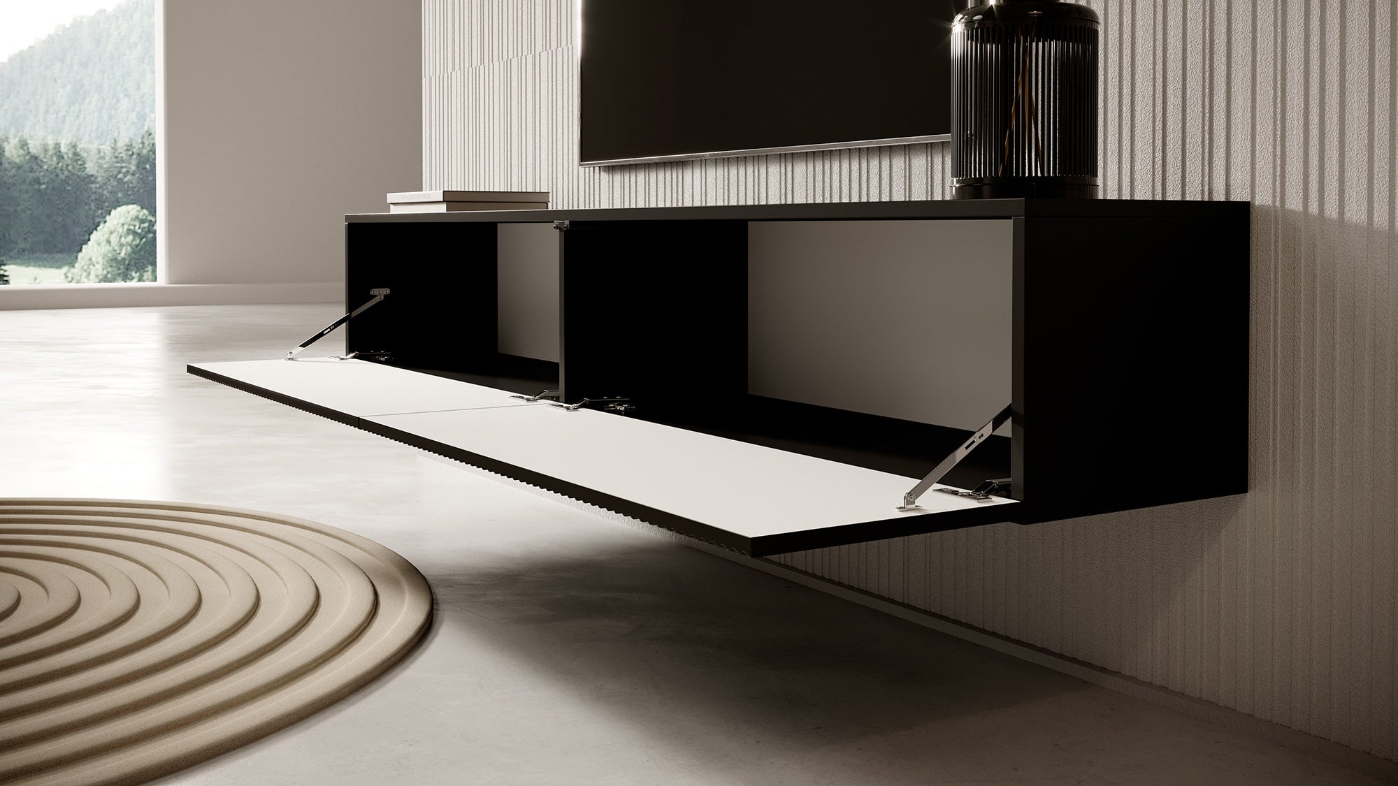 Meuble TV mural Veldio avec façade fraisée, 175 cm, noir