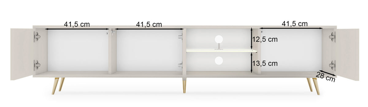 Drehtüriger TV-Schrank Bello mit Lamellenfronten und einer Glasablage mit LED-Beleuchtung, 175 cm, Kaschmir auf goldenen Beinen