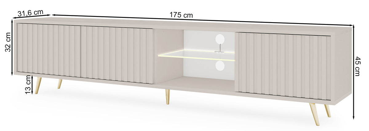 Drehtüriger TV-Schrank Bello mit Lamellenfronten und einer Glasablage mit LED-Beleuchtung, 175 cm, Kaschmir auf goldenen Beinen