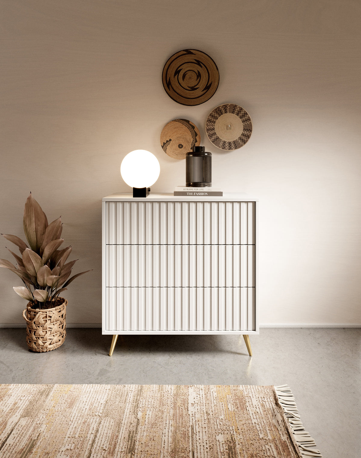 Commode Bello à trois tiroirs 79 cm Blanche avec pieds dorés