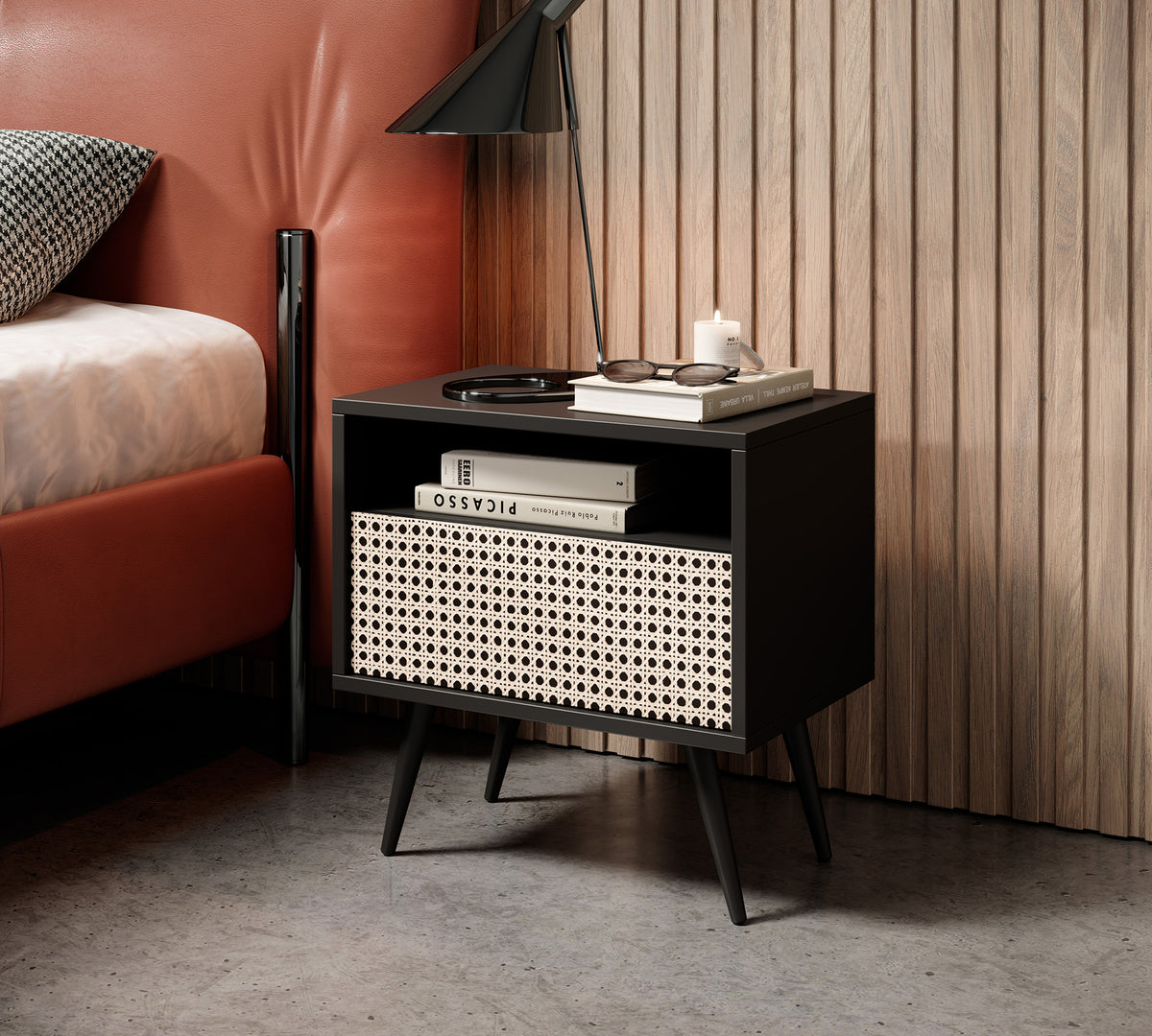 Table de chevet Bello avec tiroir en osier viennois sur pieds noirs