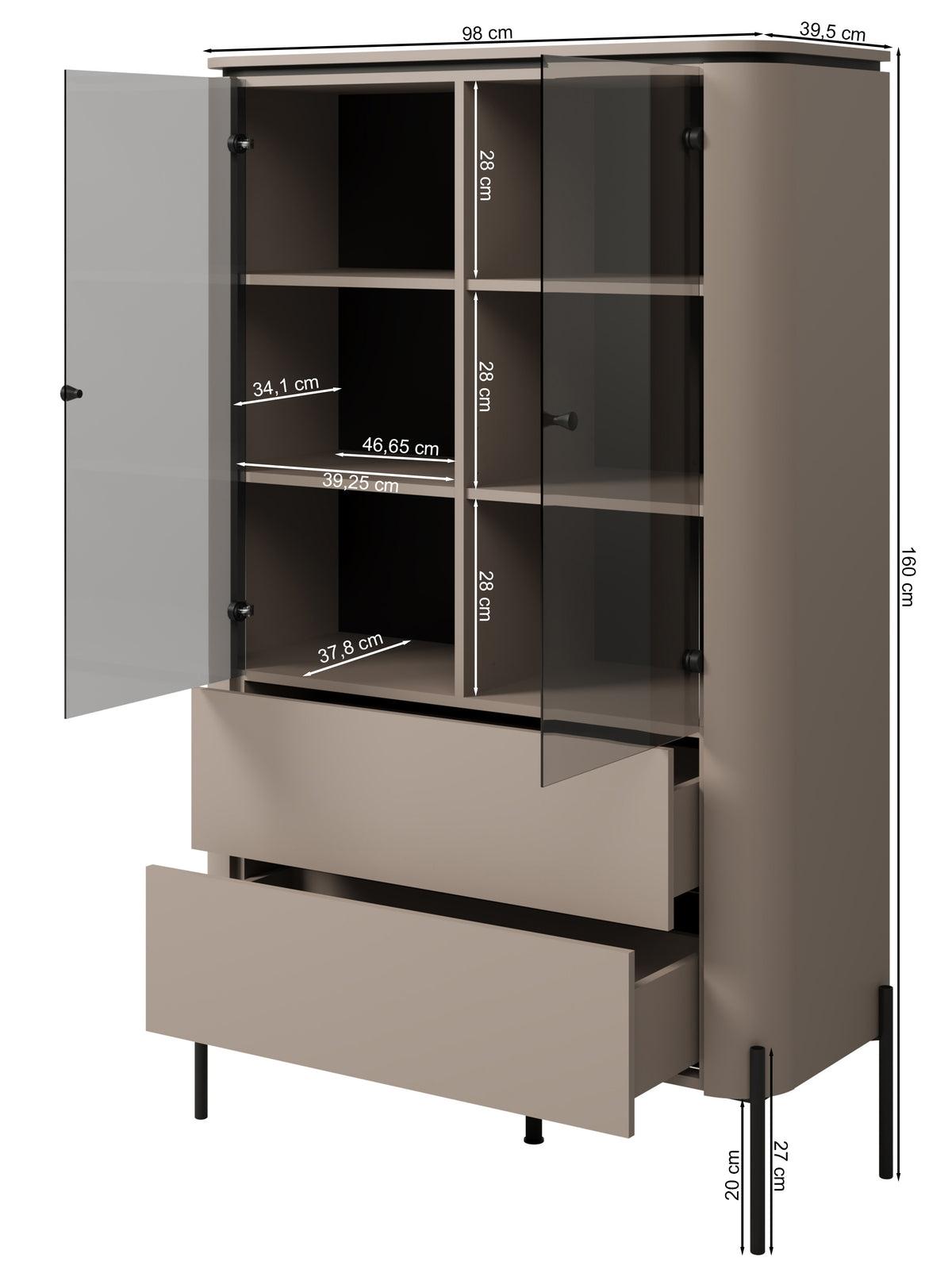 Vitrine deux portes Calderis avec deux tiroirs 98 cm congo
