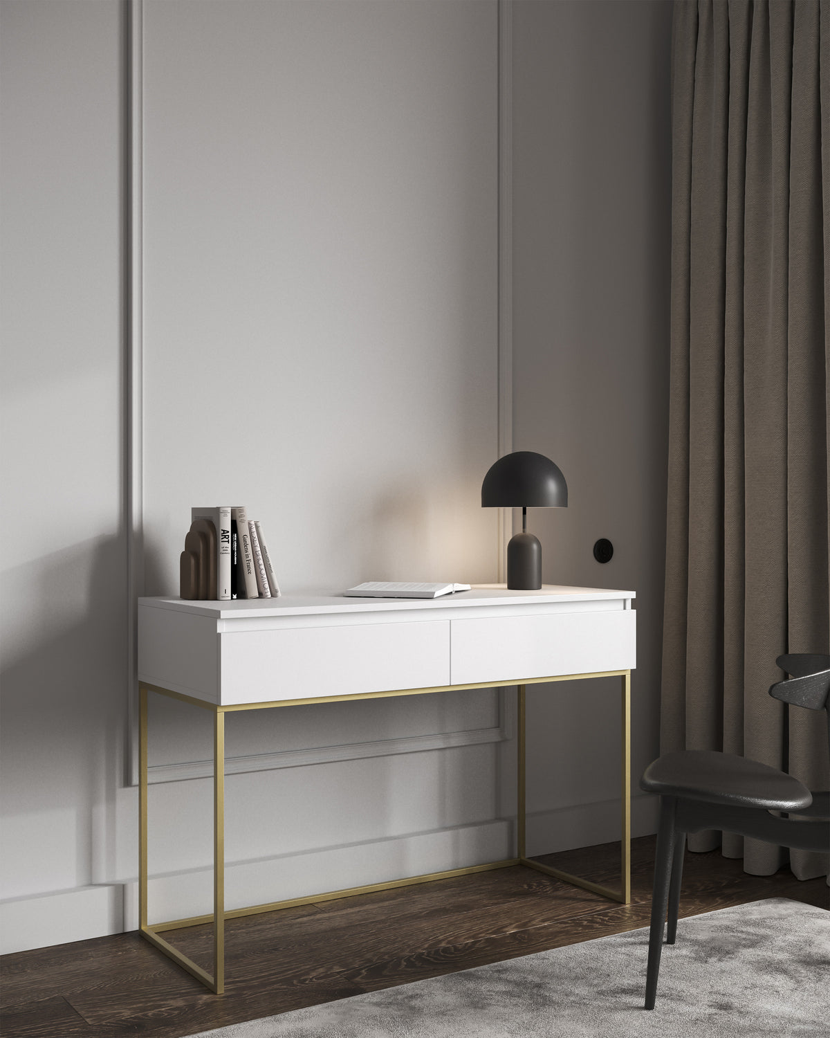 Coiffeuse Bemmi blanche avec tiroirs et pieds dorés