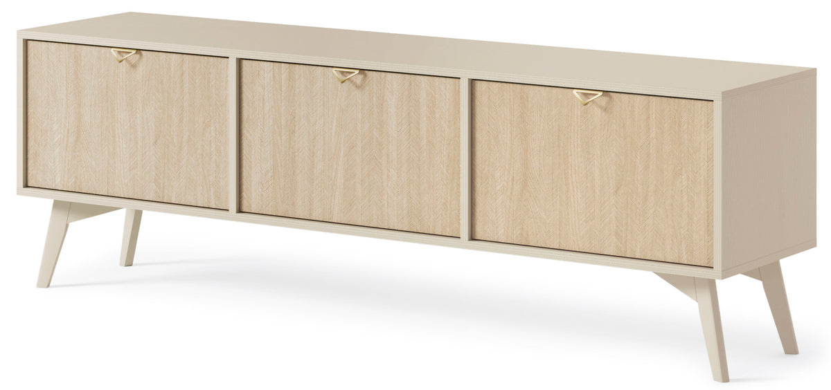 Meuble TV Favoria 158 cm beige/chevron scandi avec poignées dorées