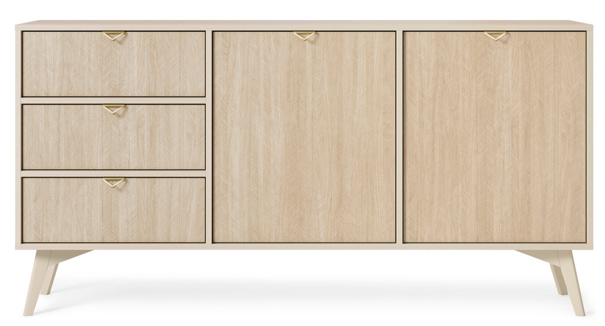 Commode Favoria 2 portes avec tiroirs 158 cm beige/motif chevron scandi avec poignées dorées