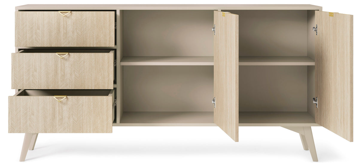 Commode Favoria 2 portes avec tiroirs 158 cm beige/motif chevron scandi avec poignées dorées