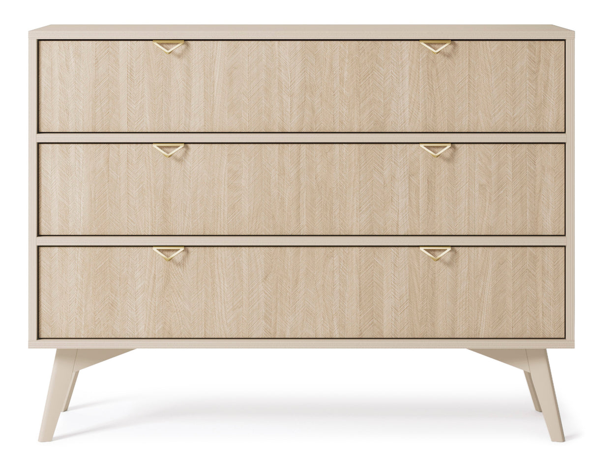 Commode Favoria 106 cm beige/chevron scandi avec poignées dorées