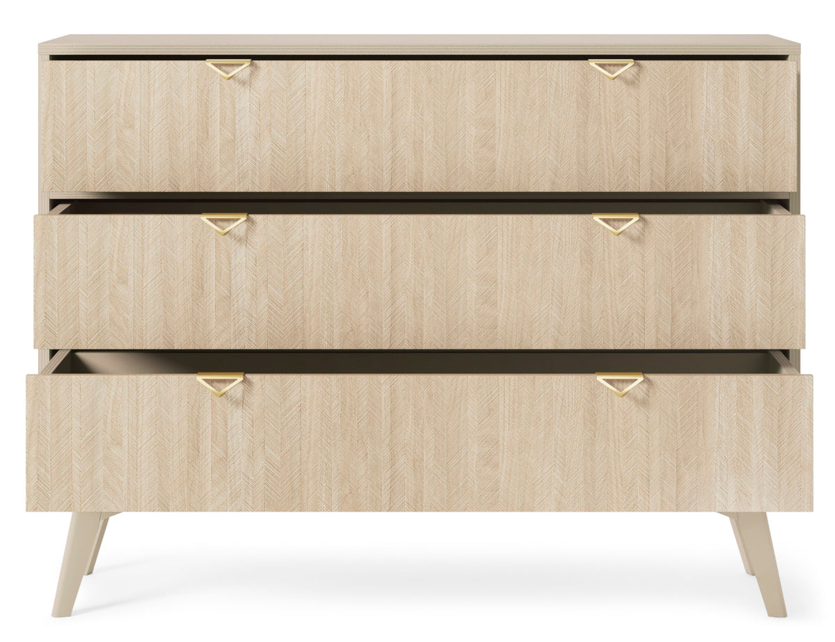 Commode Favoria 106 cm beige/chevron scandi avec poignées dorées