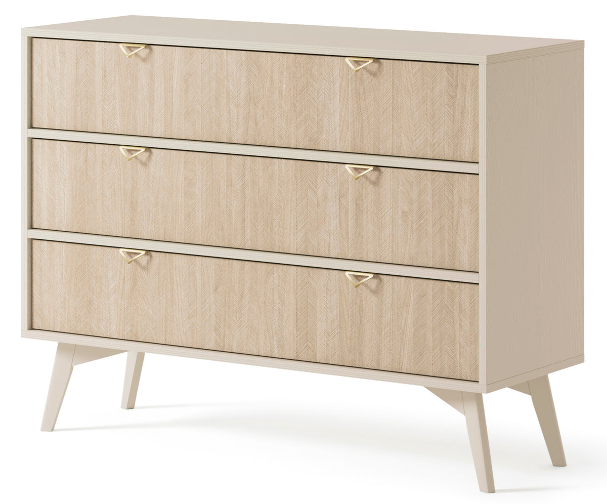 Kommode Favoria mit Schubladen 106 cm beige/Scandi Fischgrätmuster mit goldenen Griffen