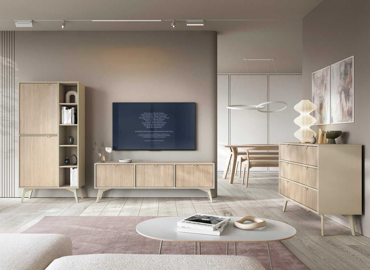 Commode Favoria 2 portes avec tiroirs 158 cm beige/motif chevron scandi avec poignées dorées