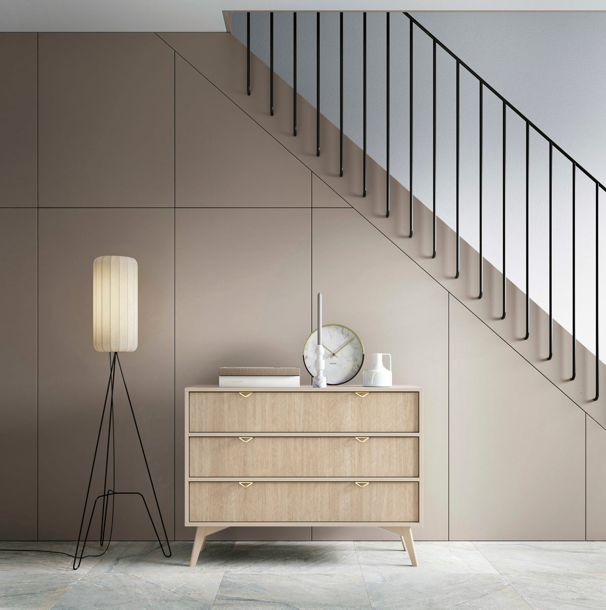 Kommode Favoria mit Schubladen 106 cm beige/Scandi Fischgrätmuster mit goldenen Griffen
