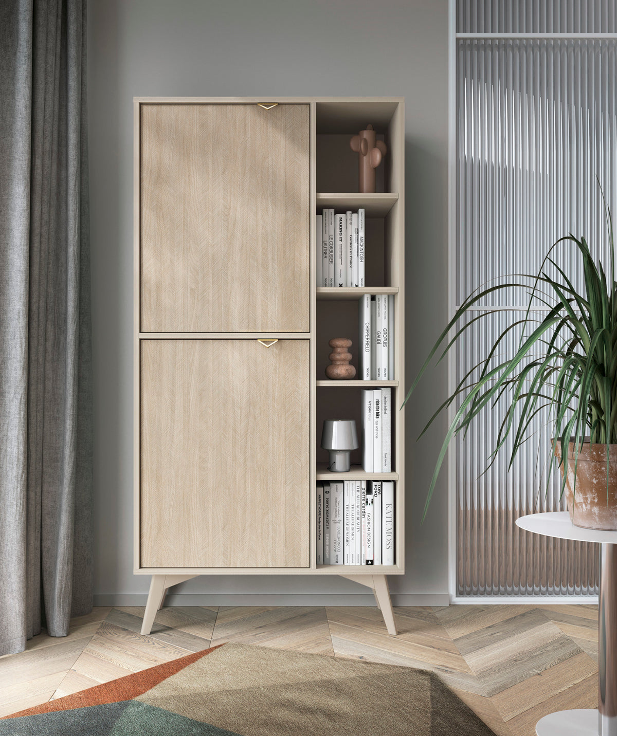 Favoria Regal mit zwei Türen, 80 cm, beige/Scandi Fischgrätmuster mit goldenen Griffen